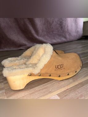 UGG Chestnut Suede Shearling Clog Mules with Studded Wood Heel